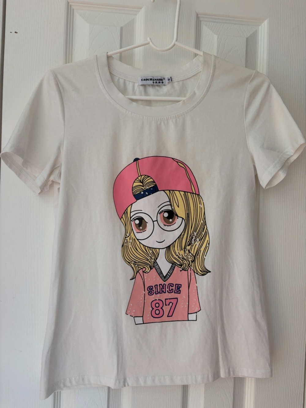 White Graphic Tee with Pink Cartoon Girl